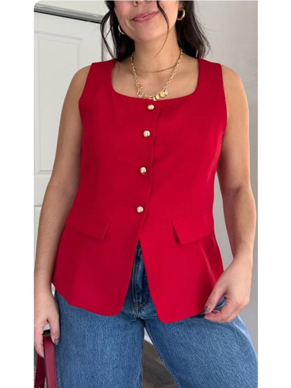 Sleeveless Button Down Square Neck Vest in Red NEW
